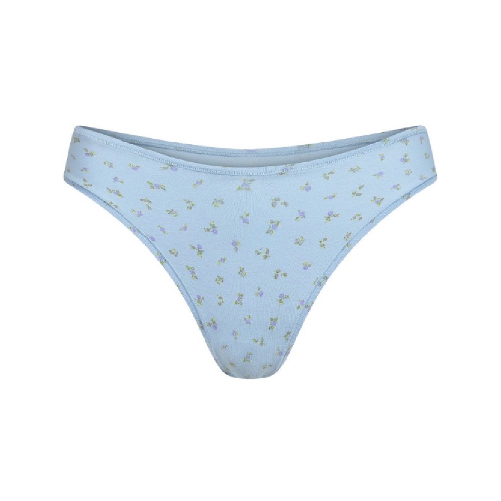 SKIMS Cotton Jersey Dipped Thong Powder Blue Micro Floral • Size S • NWT